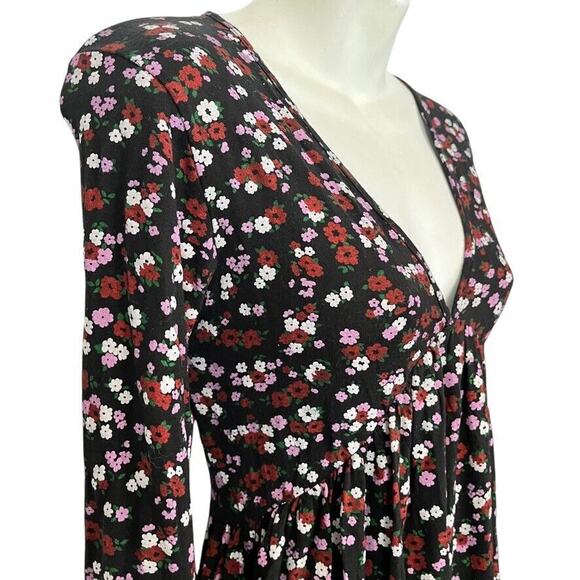 Wednesdays Girl Womens Black Purple Floral Babydoll Long Sleeve V-Neck Dress XS - Picture 4 of 16